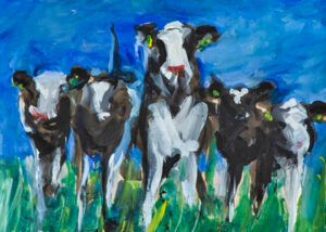 jeanine bousie les vaches au printemps cows in springtime 41x30cm acryl op papier