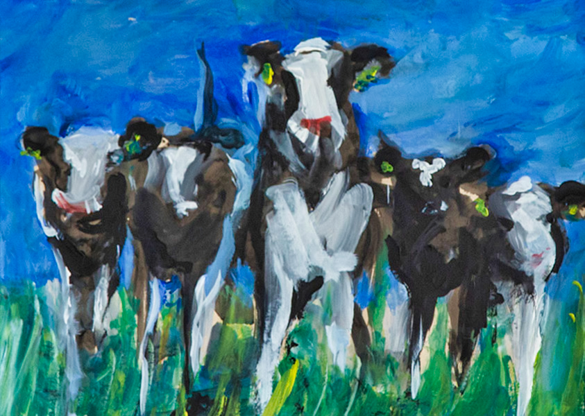 natuur jeanine bousie les vaches au printemps cows in springtime 41x30cm acryl op papier
